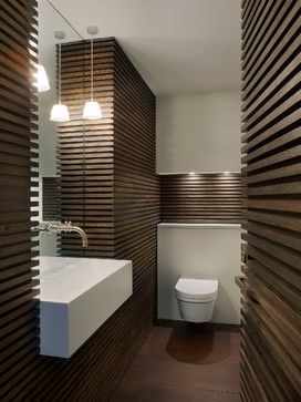 Hexagon Chandelier, Design Interior Baie, Contemporary Powder Room, Madison Taylor, Wood Wall Bathroom, Small Toilet Room, Bathroom Wall Panels, Wood Slat Wall, Interior Design Per La Casa