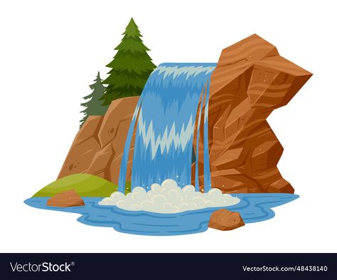 Cartoon Waterfall, Water Cascade, Illustration Mountain, River Waterfall, Mountains And Trees, Waterfall Landscape, Flat Vector Illustration, Mountain River, Flat Vector