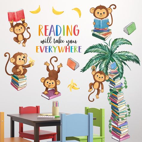 PRICES MAY VARY. Nursery Decorations: Our motivational wall decals are designed with various vivid patterns like cute cartoon monkeys reading books, bananas, tropical plants tree. These positive wall decals and stickers are suitable for library, reading corner, study, nursery, preschool, daycare, playroom, classroom, kids bedroom, living room, kindergarten and back to school season. Perfectly DIY a magic space for baby, infant, toddlers, kids, children, teens, teenagers, girls and boys Package I Kids Room Reading Corner, Cartoon Monkeys, Room Reading Corner, Reading Corner Decor, Monkey Reading, Daycare Playroom, Room Kindergarten, Nursery Classroom, Nursery Preschool