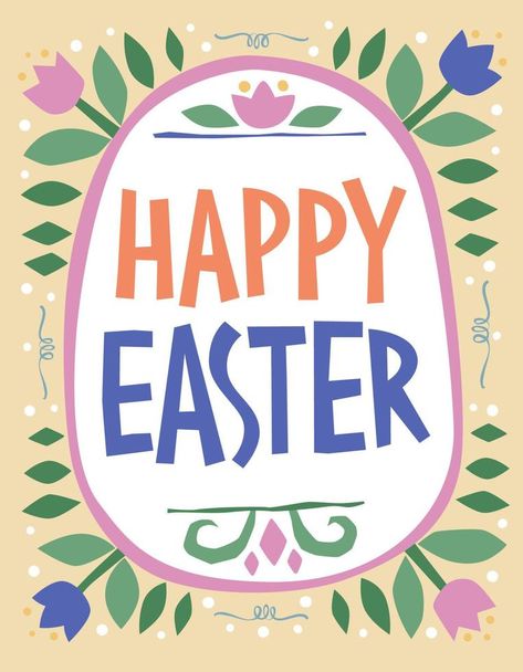 Happy Easter, cute festive hand lettering illustration. Vector typography phtase design in an Easter egg shaped frame with Spring flowers and dots. Easter Typography, Easter Lettering, Easter Cute, Lettering Illustration, Vector Typography, Egg Shape, Fonts Alphabet, Illustration Vector, Easter Egg