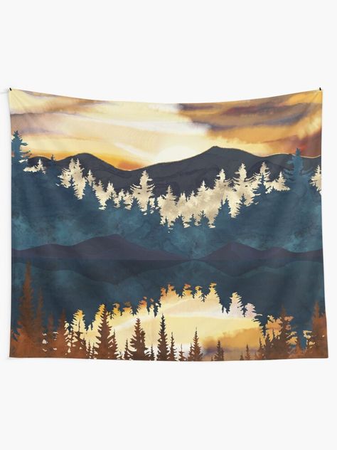 "Fall Sunset" Tapestry by spacefrogdesign | Redbubble Unique Tapestries, Sunset With Trees, Mountains And Water, Sunset Tapestry, Room Redecorating, Fall Sunset, Mountain House, Tapestry Design, Textile Prints