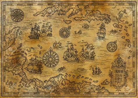 Vintage Pirate Map, Pirate Map Illustration, Old Pirate Map, Vintage Treasure Map, Pirates Of The Caribbean Map, Old Map Illustration, Old World Maps Vintage Aesthetic, Treasure Map Aesthetic, Pirate Ship Background