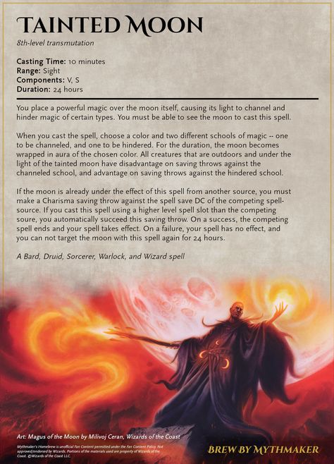 Daily Brew: Tainted Moon - a world-spanning spell to help and hinder certain schools of magic : Mythmaker5e Fantasy Spells, Spells Dnd, Schools Of Magic, 5e Spells, Homebrew Spells, Dnd Spells, Dnd Wizard, Dnd Homebrew, Dnd Items