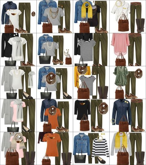 Capsule Wardrobe Fall 2016 Olive Pants Outfits More Green Pants Outfit Work, Olive Pants Outfit, Olive Green Pants Outfit, Pants Outfit Work, Green Pants Outfit, Olive Jeans, Olive Skirt, Olive Pants, Skirt Outfits Fall