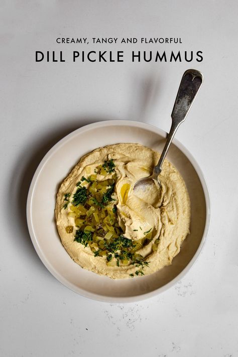 Our creamy Dill Pickle Hummus is a tangy twist on the classic hummus. With fermented dill pickles, pickle juice, and the usual chickpeas, lemon, garlic clove, and tahini, this easy hummus recipe is made in a Vitamix and comes together in minutes. Hummus Recipe Blender, Blender Hummus, Dill Pickle Hummus, Pickle Hummus, Yellow Cornbread, Classic Hummus, Easy Hummus Recipe, Hummus Recipe Homemade, Roasted Garlic Hummus