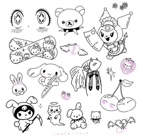 Kawaii aesthetic Sanrio cinnamoroll cute tattoo designs anime dark cute core line art hello kitty my melody kourmi Kawaii Flash Tattoo, Spooky Tattoo Flash, Cinnamoroll Tattoo, Kitty Tattoos, Hello Kitty Tattoos, Sharpie Tattoos, Kawaii Tattoo, Tattoo Flash Sheet, Doodle Tattoo