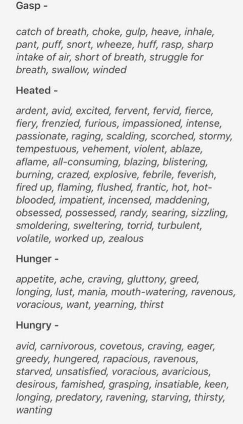 List of better ways to describe (gasp, heated, hunger, hungry) in writing Expression In Writing, How To Make Your Writing More Interesting, Good Writing Ideas, Cool Story Ideas, Writing Tips Novel, Story Writing Ideas, Expression Writing, Story Writing Tips, Expression Chart