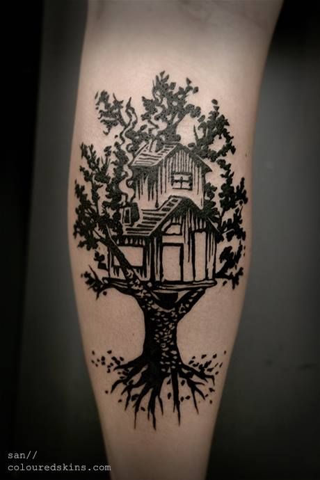 treehouse Tree House Tattoo, Treehouse Tattoo, Linocut Tattoo, Twenty One Pilots Tattoo, Pilot Tattoo, House Tattoo, Castle Tattoo, Nice Tattoos, House Cartoon