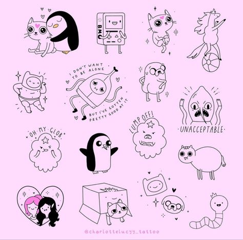 Fineline Tattoos, Adventure Time Tattoo, Adveture Time, Flash Sheet, Flash Tattoo Designs, Doodle Tattoo, Tattoo Flash Sheet, Cute Little Tattoos, Cute Tiny Tattoos