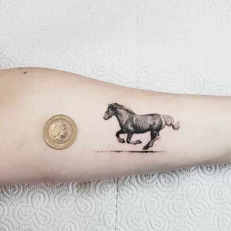 Horse Running & Coin Print Tattoo Equine Tattoo, Small Horse Tattoo, Horse Quote, Running Tattoo, Horse Tattoo Design, Cowboy Tattoos, Good Tattoo Quotes, Quote Tattoo, Running Horse