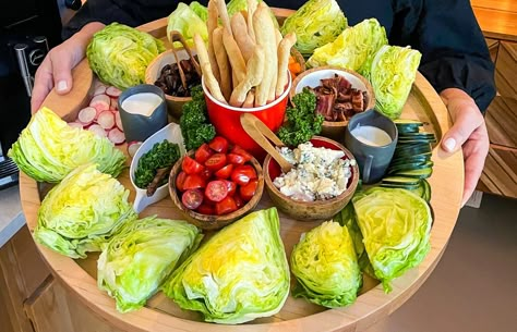 Wedge Salad Platter For A Crowd, Deconstructed Wedge Salad, Wedge Salad Dip, Italian Wedge Salad, Wedge Salad Board Ideas, Best Wedge Salad Recipe, Steak Wedge Salad, Wedge Salad Board, Wedge Salad For A Crowd