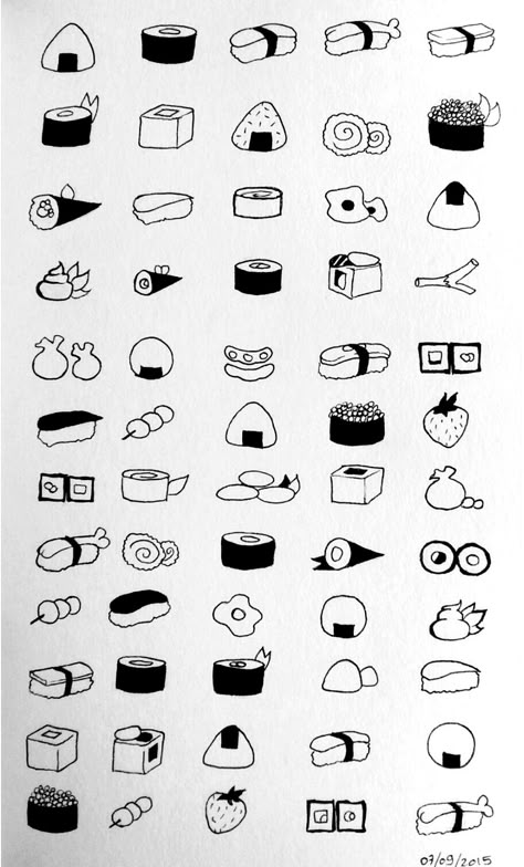 Simple Sushi Drawing, Cute Sushi Drawing, Sushi Drawings, Sushi Drawing, Sushi Pattern, Easy Sushi, Drawings Simple, Black And White Drawing, Simple Doodles