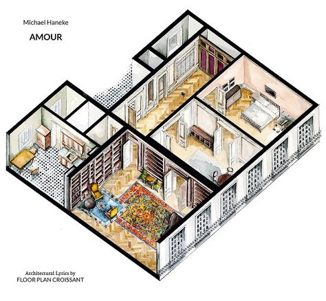 Watercolor Floorplans Of Famous TV Shows And Films Offer Unique Perspectives - DesignTAXI.com American House Interior, Plan Movie, Michael Haneke, Axonometric Drawing, Interior Floor Plan, Conceptual Drawing, Interior Design Renderings, Forums Design, Floor Plan Drawing