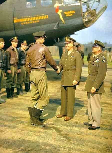 Memphis Belle Crew Return To The States. Kodachrome image of General Jacob L Devers (1887-1979), US Chief of the European Army, shaking hands with Robert K Morgan, Captain of the B-17 Flying Fortress 'Memphis Belle' before they return to the USA after completing 25 operational sorties, June 1943. Plane Captain, Pattern Boots, Memphis Belle, Uncle Jack, Flying Jacket, Shaking Hands, Flying Fortress, Captain Morgan, New Mods