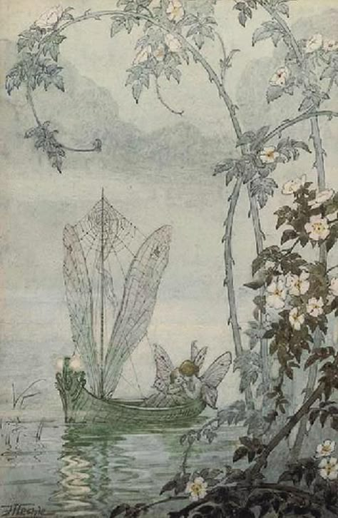 The Fairy Boat ~ Hilda Hechle. Fairy Boat, Ship Illustration, 동화 삽화, Fairy Illustration, Nature Spirits, Fairytale Illustration, Vintage Fairies, Flower Fairies, Fairytale Art