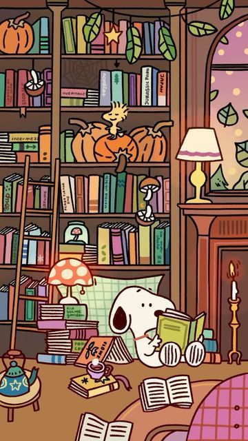 Hannah Detterbeck ✸ Illustrator on Instagram: "Snoopy in the library for #calmtober day 9 Library 📚📖🍁🎃
.
.
.
#calmtober24 #animationart #cuteanimation #cozyart #snoopy #snoopyart #animationvideo #animationartist #autumnart #autumnvibes #autumnaesthetic #cozyvibes #cozyart" Snoopy Cute Wallpaper, Snoopy Fall Phone Wallpaper, Snoopy Illustration, Snoopy Fall Autumn Wallpaper, Fall Snoopy Widgets, Fall Snoopy, November Reads, Snoopy Reading Wallpaper, Snoopy Reading