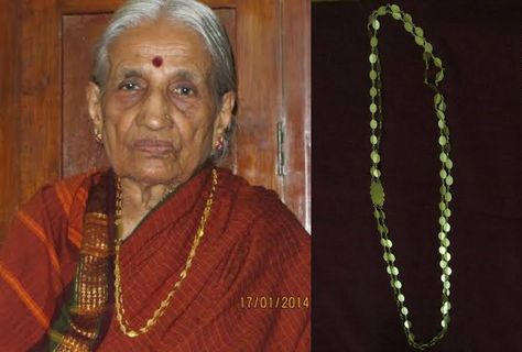 Source: Lakshmi Krishnappa/ Lakshmamma Description:My name is Lakshmamma, aged 84. I hail from a small village called Thymagondlu in the Bangalore district (rural) of Karnataka. The jewelry piece on display is called "Avalakki sara" ( In Kannada). Avalakkai translates to Phoa or flattened rice. Any kind of chain is referred to as Sara in Kannada. The jewelery is named "Avalakki sara" because of its shape. The piece, in gold, was made on order around 1960 by a jeweler in Thymagondlu. Avalakki Sara Gold, Chains Design, Jewellery Project, Maharashtrian Jewellery, Gold Chain Design, Small Village, Gold Chain Jewelry, Bridal Gold Jewellery, Chain Jewelry