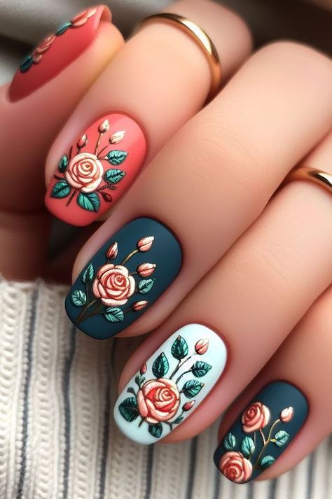 Elevate your manicure with navy blue and coral pink roses. Sophisticated yet fun, these nails are a must-try! Red Rose Nails, Navy Blue And Coral, Navy Blue Nails, Rose Nail Art, Golden Copper, Rose Nails, Copper Rose, Green Rose, Nail Art Ideas