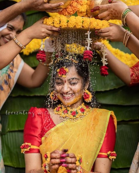 Haldi Function Saree For Bride, Haldi Function Ideas For Bride, Haldhi Stills Bride Dress, हल्दी Decoration, Haldi Function Photoshoot, Mangalasnanam Outfit For Bride, Mangalasnanam Stills, Mangala Snanam Decoration For Bride, Haldi Photo Shoot Ideas