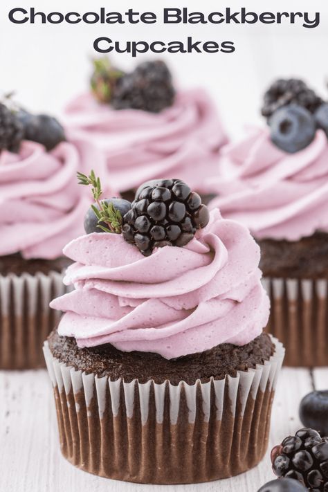 Chocolate Blackberry Cupcakes - Delicious chocolate cupcakes topped with a decadent blackberry buttercream frosting. Blackberry Chocolate Cake Recipe, Chocolate Cupcakes With Blackberry Buttercream, Chocolate Berry Cupcakes, Chocolate Blackberry Cupcakes, Blackberry Cupcakes Recipes, Birthday Cupcakes Chocolate, Chocolate Cupcakes With Filling, Blackberry Icing, Berry Cupcake Recipes