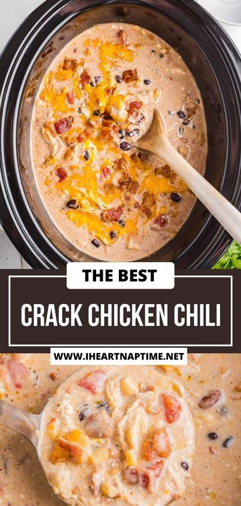 This crack chicken chili is made with juicy shredded chicken, bacon, ranch, and cheeses combined with beans, corn, and chili seasoning. Smoked Chicken Chili Recipe, Easy Chicken Chili Crockpot, Shredded Chicken Bacon Ranch, Crockpot Treats, Chili With Bacon, Bacon Chili Recipe, Juicy Shredded Chicken, Easy Chicken Chili, Asian Steak Bites