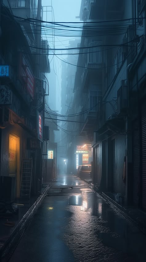 The photorealistic artwork of an alleyway in Hong Kong is generated using Midjourney AI. Futuristic Alleyway, Anime Alleyway Background, Alleyway Aesthetic, City Alleyway, Hong Kong Aesthetic, Dark Alleyway, Anime Architecture, Anime Locations, Retro Cyberpunk