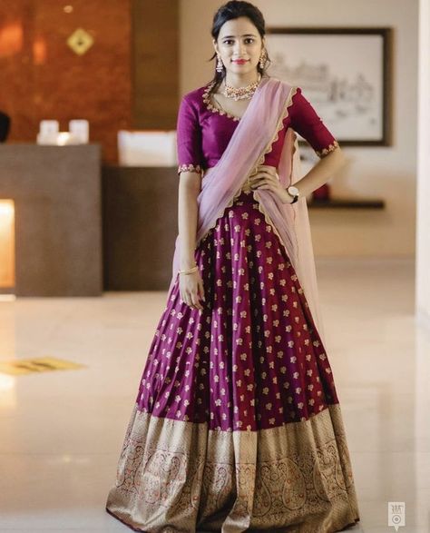 Lehenga Choli New Designs, Latest Half Saree Designs For Wedding, Leghanga Half Saree Latest, Venkatagiri Pattu Lehanga, Violet Half Saree Pattu, Pattu Lahenga Design Latest, Lehanga Voni Designs Latest, Pastel Half Sarees, Half Blouse Designs Latest