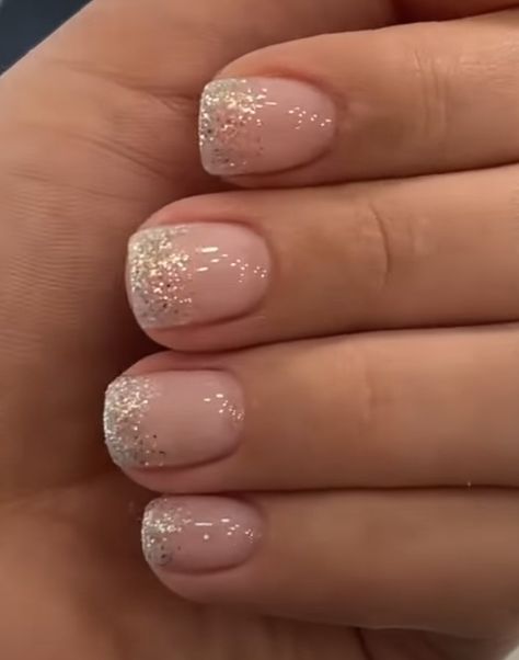 Natural Nail With Sparkle, Short Nails Ombre Glitter, Gel French Manicure Designs Sparkle, Nye Nails 2023 Short, Short Sparkly French Nails, Short Glitter Nails Natural, Short Sparkle Acrylic Nails, Sparkly French Tip Nails Short, Glitter Tip Short Nails