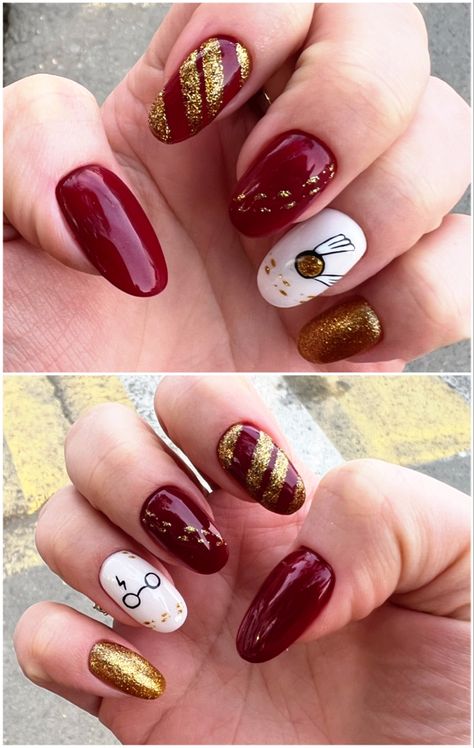 Harry Potter Nail Art Gryffindor, Gryffindor Nails Harry Potter, Gryffindor Nails Acrylic, Grifindor Nails, Simple Harry Potter Nails Gryffindor, Harry Potter Gryffindor Nails, Harry Potter Nails Designs Gryffindor, Gryffindor Nail Art, Harry Potter Nails Gryffindor