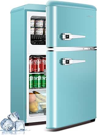 Anypro 3.2 Cu.Ft Compact Refrigerator, Mini Fridge with Freezer, Retro Double Door Small Fridge, 7 AdjustableTemperature Settings, Removable Shelves, Small Refrigerator for Dorm, Office, Bedroom, Blue