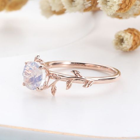 Vintage 6.0mm Moonstone Engagement Ring 14K 585 Rose Gold Leaf Flower Ring set Unique Anniversary Ring Moonstone Rose Gold Ring, Flower Engagement Rings, Rose Wedding Theme, Cute Promise Rings, Floral Wedding Ring, Rose Gold Leaf, Pretty Engagement Rings, Vintage Inspired Engagement Rings, Rose Gold Diamond Ring Engagement