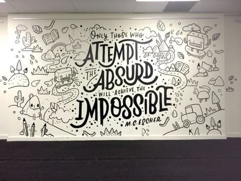 Doodle Wall, Office Mural, Office Wall Design, Plain Wall, School Murals, White Typography, Tableau Design, 캐릭터 드로잉, Mural Design