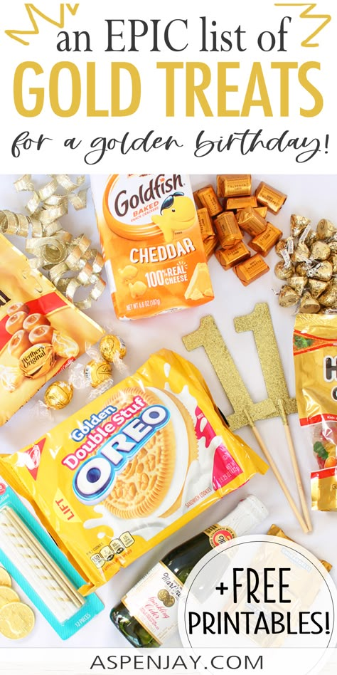 Golden Bday Decoration, Going For The Gold Theme, Diy Golden Birthday Decorations, Gold Color Party Food, Golden Birthday Desserts, Golden Birthday Snack Ideas, 10 Year Golden Birthday, 22nd Golden Birthday Ideas, Gold Themed Party Food