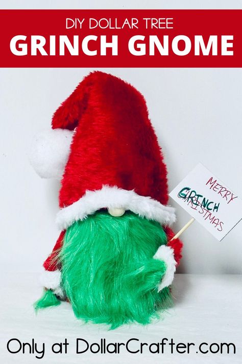 Dollar Tree Grinch Gnome Dollar Tree Grinch Tree, Grinch Dollar Tree Crafts, Mini Grinch Christmas Tree Diy, Grinch Gnome Ornaments Diy, Dollar Tree Gnome Diy, Grinch Crafts Diy Dollar Tree, Grinch Gnome Diy, Grinch Doll Diy, Dollar Tree Christmas Tree Gnome