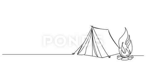 Animated Single Line Drawing Of Campground With Tent And Campfire Hiking Tattoos, Tent Drawing, Hiking Tattoo, Single Line Drawing, Camping Art, Single Line, Continuous Line, Art Journals, Campfire