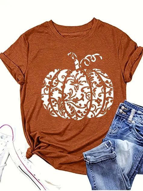 Plus Size Halloween T shirt Women's Plus Floral Pumpkin - Temu Pumpkin Print, Pumpkin Shirt, Cute Pumpkin, Fete Halloween, Linen Women, Halloween Pumpkin, Top Casual, Plus Size Tops, Halloween Pumpkins