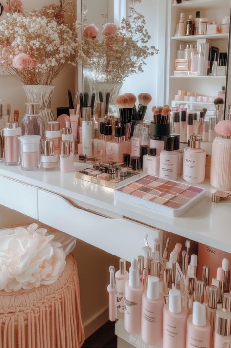 This blush pink vanity setup is straight out of a dream! ✨🌸 Perfectly curated with luxury beauty essentials, high-end skincare, and soft glam makeup must-haves, this space is the ultimate vanity inspiration. The flawless makeup organization, gold-accented brushes, and rosy-toned palettes make every beauty routine feel like self-care. The delicate mix of pastel decor, feminine touches, and elegant beauty storage create the perfect soft glam aesthetic. If you love luxury beauty, makeup organization, and chic vanity setups, this is your ultimate glow-up space! 💖💄 Blush Pink Vanity, Soft Glam Aesthetic, Vanity Luxury, Vanity Setup, Chic Vanity, Vanity Inspiration, Pink Vanity, Glam Aesthetic, Makeup Station