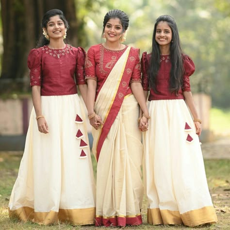 Kasavu Skirt And Top Designs, Dhawani Designs, Skirt And Top Kerala Style, Girls Blouse Design, Saree And Contrast Blouse, Kasavu Dress, Kasavu Skirt And Top, Kerala Outfit, Kerala Style Skirt And Top