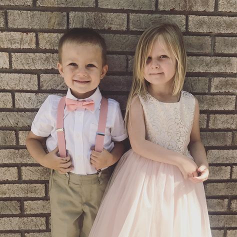 Flower girl and ring bearer outfits | Family outfit ideas | Spring wedding guest outfit kids | blush pink gold khaki suspenders tulle matching Ring Bearer Outfit Purple, Ring Bearer Outfits, Flower Girl And Ring Bearer, Family Outfit Ideas, Wedding Guest Outfit Spring, Wedding Guest Attire, Outfit Ideas Spring, Spring Wedding Guest, Pink Morganite Engagement Ring