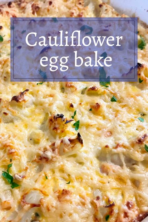 Get the recipe for this delicious cauliflower egg bake that makes a delicious side dish casserole any time of the day. #veggies #protein #dinnerideas Cauliflower And Egg Recipes, Cauliflower Egg Bake, Baked Cauliflower Recipe Healthy, Cauliflower Breakfast Recipes, Egg Bake With Ham, Oven Baked Cauliflower, Baked Cauliflower Casserole, Cauliflower Cheese Bake, Cauliflower Bake