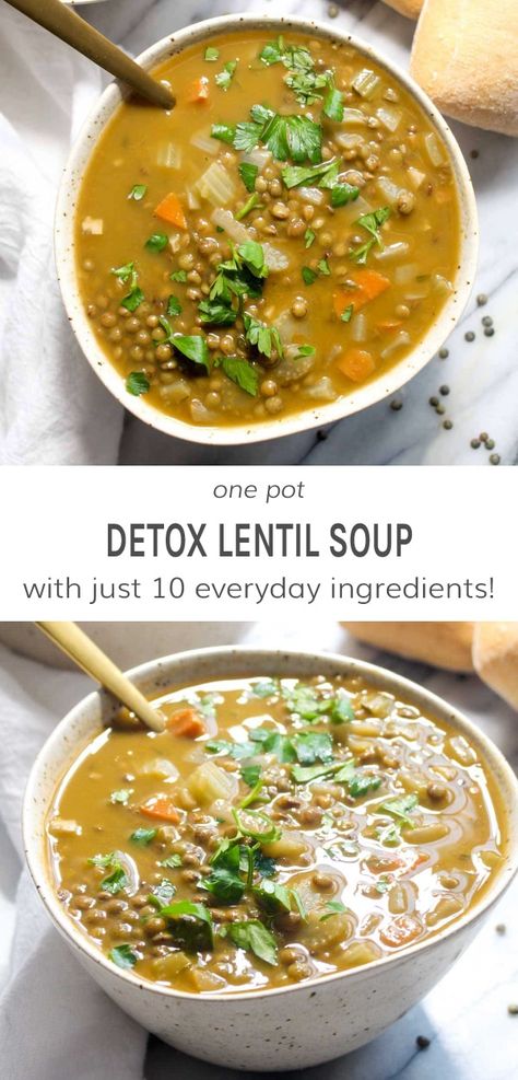 Lentil Crockpot Recipes, Detox Lentil Soup, Lentil Soup Recipe Healthy, Green Lentil Recipes, Meatless Soups, Green Lentil Soup, Lunch Soup, Lentil Recipes Healthy, Inflammation Recipes