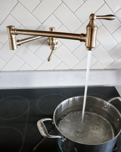 Kitchen Faucet and Installing a Pot Filler Pot Fillers Over Stove Placement, Small American Kitchens, Pot Fillers, Pot Filler Kitchen, Fixer Upper Kitchen, Black Kitchen Faucet, Black Kitchen Faucets, Pot Filler Faucet, Diy Kitchen Remodel