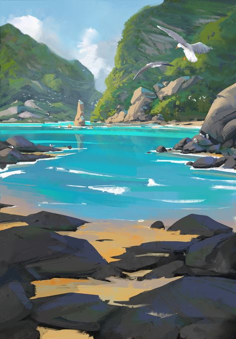 ArtStation - Seagulls, Tom Lopez Sea Illustration, Bodies Of Water, Tropical Background, Paintings And Drawings, Landscape Concept, Image Painting, Arte Sketchbook, Landscape Drawings, Fantasy Art Landscapes