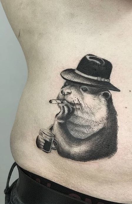 Bear Mouth Tattoo, Otter Tattoo Ideas, Otter Tattoo Simple, Candy Skull Tattoo For Men, Sea Otter Tattoo, Otter Tattoos, Beaver Tattoo, Drake Tattoos, Jordan Tattoo