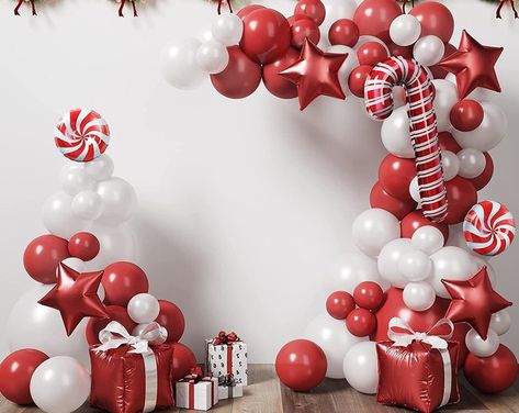 Balloon Ideas For Christmas, Candy Cane Balloon Garland, Christmas Theme Balloon Arch, White Christmas Balloon Decor, Balloon Arch Christmas, Candy Cane Balloon Arch, Xmas Balloon Decorations, Balloon Garland Designs, Holiday Balloon Arch