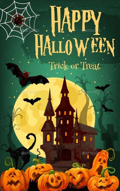 Halloween Horror House and Pumpkin #Horror, #Halloween, #Pumpkin, #House Canva Halloween, Spooky Castle, Spooky Castles, Happy Hallow, Halloween Party Poster, October Holidays, Halloween Layout, Graphic Photography, Pumpkin Illustration