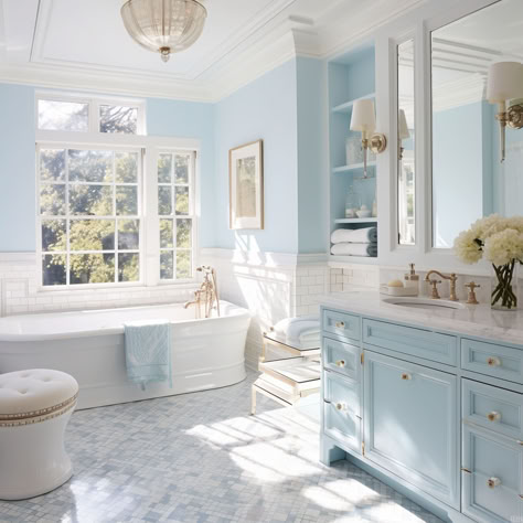 8 Colors That Go Well With Light Blue Light Blue Modern Bathroom, Light Blue And Gray Bathroom, Light Blue Bathroom Ideas Paint, French Country Blue Bathroom, Light Blue Kids Bathroom, Bathroom Light Blue Walls, Light Blue House Aesthetic, Light Blue Interior Paint, Blue Themed House