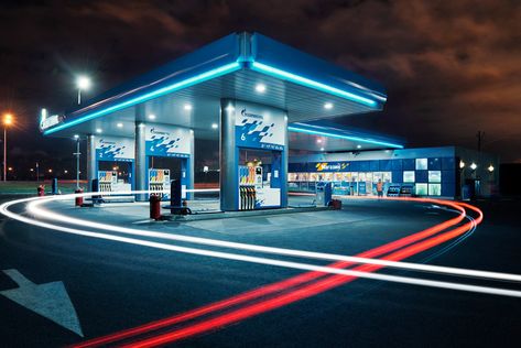 Gazprom Neft petrol stations in St. Petersburg region. Illuminated Signage, Led Parking Lot Lights, Car Wash Business, Steel Structure Buildings, Neon Box, Workshop Design, Petrol Station, Filling Station, Service Station