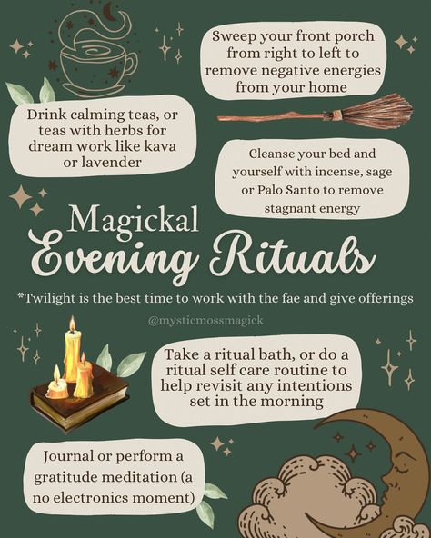 How do you spend your evenings? In Magick, night is one of the most powerful times of day to practice rituals and spells regarding dream work, psychic enhancement, peace, healing, releasing, transformation and even working with the fae is more potent at twilight. It’s important to your craft that your mental health is clear and at peace and these practices definitely help with relaxing your mind as well as cleansing your energies. ✨🌙 . . . #witch #kitchenwitch #greenwitch #forestwitch #hedgew... Health Rituals Witch, Grimoire Art Journals, Art Grimoire, Health Spells, Witch Healing, Witchcraft Knowledge, Witchcraft Rituals, Health Spell, Spells That Actually Work