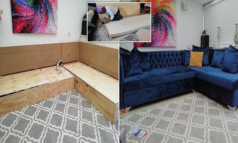 Diy Corner Sofa, Diy Furniture Sofa, Build Your Own Sofa, Corner Sofa Bed With Storage, Diy Carpentry, Diy Sofa Bed, Built In Couch, Built In Sofa, Foam Sofa